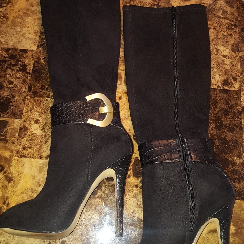 Black suede guess high heel boots.